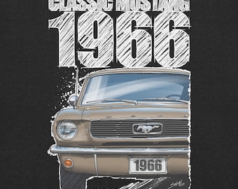 1966 Mustang T-Shirt – Light Ivy Gold on Dark Background | Hand-Drawn Classic Car Art