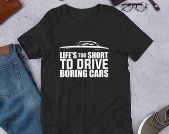 Unisex t-shirt Life’s too Short to Drive Boring Cars Alfa Romeo Bertone Coupé (White Print)