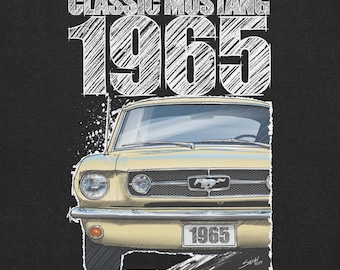 1965 Ford mustang – phönizischgelb – Classic Car Art T-Shirt (dunkle Version, weißer Druck)