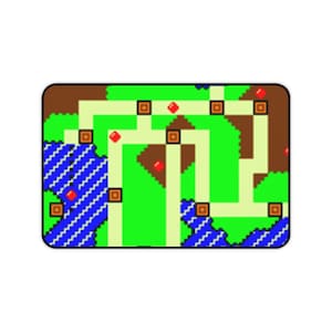 May include: Rectangular mousepad featuring a pixelated map design. The map includes green, brown, and beige areas, with blue water features and red and brown accents. The design has a retro video game aesthetic.