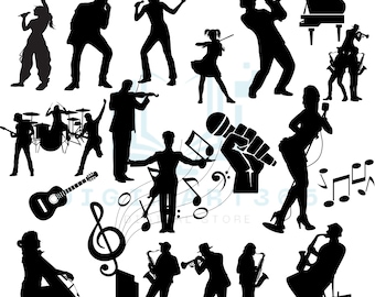 May include: A set of 35 black and white silhouette SVG cut files featuring musicians playing various instruments, including a guitar, drums, saxophone, trumpet, piano, and microphone. The images are perfect for creating custom designs for t-shirts, mugs, stickers, and more.