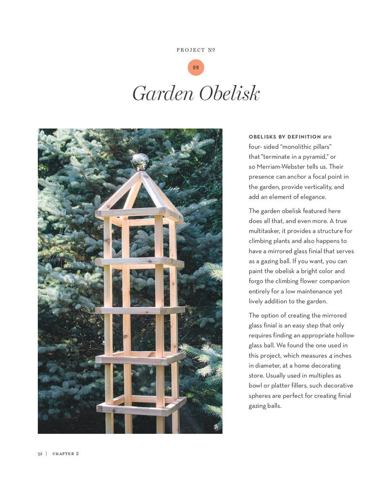May include: A wooden garden obelisk with a pyramid top and multiple square tiers. The obelisk has a mirrored glass finial and is designed to support climbing plants. The obelisk measures 4 inches in diameter.