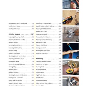 K&ouml;nnte beinhalten: Ein Buch mit dem Titel "Contents" mit einer Liste von Themen zur Hausreparatur, darunter Au&szlig;enreparaturen, Sanit&auml;r und Betonarbeiten. Das Buch enth&auml;lt Seitenzahlen f&uuml;r jedes Thema.