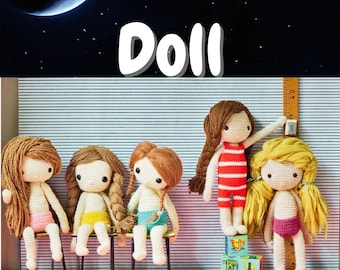 May include: Five crocheted dolls with different colored outfits and hairstyles. The dolls are sitting on a bench and standing on blocks. The text "My Crochet Doll" is at the top of the image. The text "50+ cute crochet doll clothes and accessories" is at the bottom of the image.