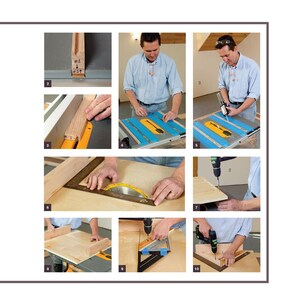 May include: A series of images demonstrating parquet flooring installation. The steps include cutting wood with a circular saw, measuring, and using a drill. The images show the process from start to finish, with close-ups of the tools and materials.