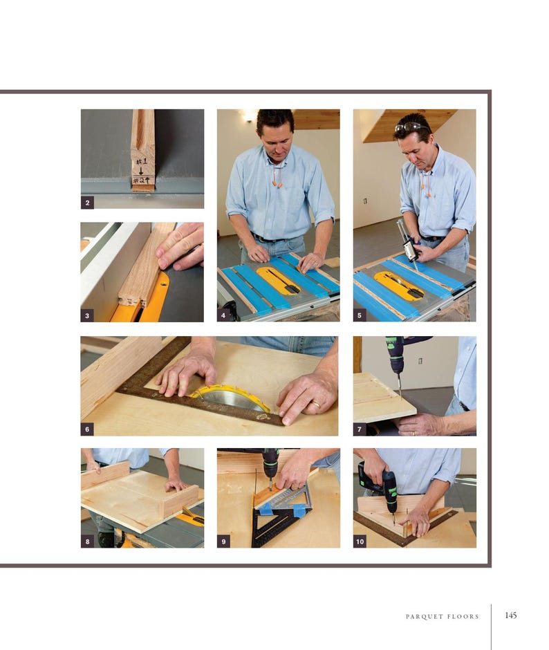 May include: A series of images demonstrating parquet flooring installation. The steps include cutting wood with a circular saw, measuring, and using a drill. The images show the process from start to finish, with close-ups of the tools and materials.