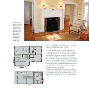 May include: Interior design layout with a fireplace as the focal point. The image shows a living room with a fireplace, a chair, and a rug. The text discusses flooring installation techniques and room design.