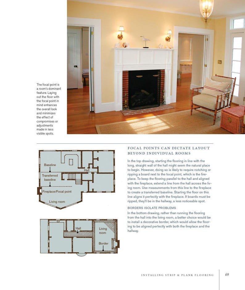 May include: Interior design layout with a fireplace as the focal point. The image shows a living room with a fireplace, a chair, and a rug. The text discusses flooring installation techniques and room design.