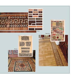 May include: An image showcasing various ornate wood flooring designs. The image includes close-ups of Greek, Byzantine, and Roman patterns, along with a section of a floor with a geometric border. The text "AN INTRODUCTION TO ORNATE WOOD FLOORING" is visible.
