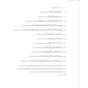May include: A white page with the title "Contents" and a list of chapter titles and page numbers. The chapters cover topics such as wood basics, job preparation, and flooring problems.
