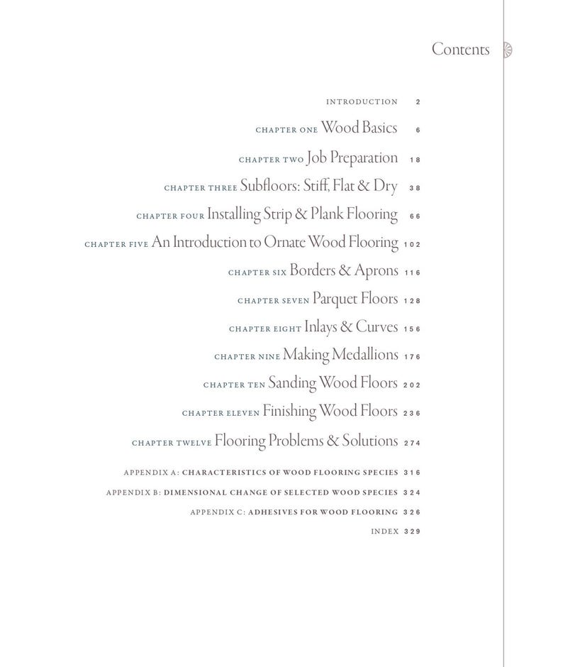 May include: A white page with the title "Contents" and a list of chapter titles and page numbers. The chapters cover topics such as wood basics, job preparation, and flooring problems.