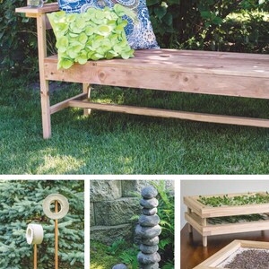 May include: A wooden outdoor bench with a side table, holding a glass of water. Two decorative pillows in shades of green and blue rest on the bench. The bench is on a grassy lawn, with a natural background.