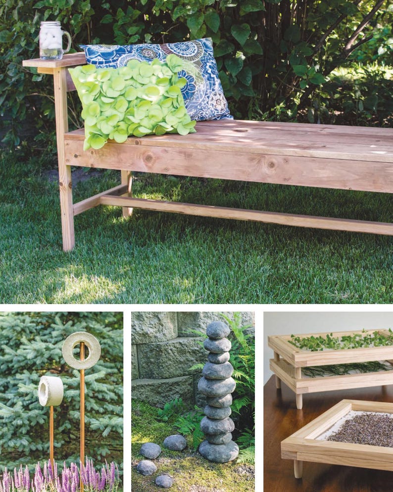 May include: A wooden outdoor bench with a side table, holding a glass of water. Two decorative pillows in shades of green and blue rest on the bench. The bench is on a grassy lawn, with a natural background.