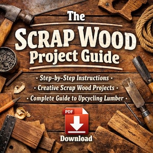 Puede incluir: Fondo de madera con herramientas y el texto "The Scrap Wood Project Guide". La guía incluye instrucciones paso a paso, proyectos creativos y consejos de reciclaje. También se ve un icono de descarga PDF rojo.