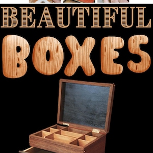 May include: A wooden box with a drawer and compartments. The box is made of dark wood with a natural wood finish. The lid is open and the interior is lined with black fabric. The box is labeled "BEAUTIFUL BOXES".