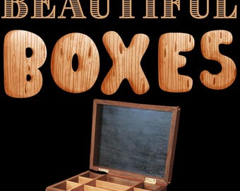 May include: A wooden box with a drawer and compartments. The box is made of dark wood with a natural wood finish. The lid is open and the interior is lined with black fabric. The box is labeled "BEAUTIFUL BOXES".