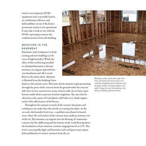 May include: An interior shot of a building under construction, with exposed wooden framing and a glossy, wet-looking floor. The image highlights the issue of moisture in basements and crawlspaces, with text discussing humidity and its effects.