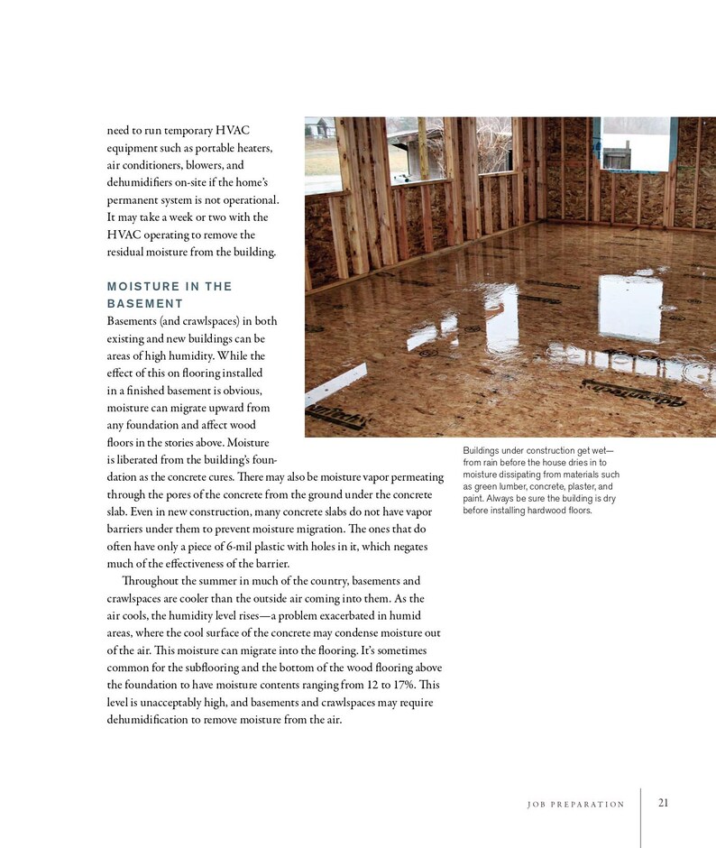 May include: An interior shot of a building under construction, with exposed wooden framing and a glossy, wet-looking floor. The image highlights the issue of moisture in basements and crawlspaces, with text discussing humidity and its effects.