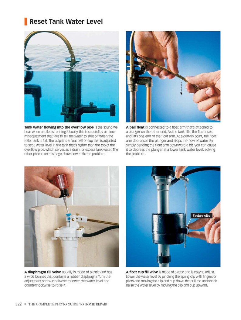 K&ouml;nnte beinhalten: Diagramm, das zeigt, wie man den Wasserstand in einem Toilettensp&uuml;lkasten einstellt. Das Bild zeigt einen Toilettensp&uuml;lkasten mit einem Schwimmer, einem Membran-F&uuml;llventil und einem Schwimmer-F&uuml;llventil. Der Text im Bild lautet "Reset Tank Water Level".