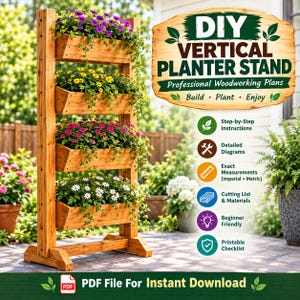 Può includere: Un supporto verticale in legno per piante con quattro vasche rettangolari impilate piene di fiori viola, gialli e bianchi. Un cartello recita: DIY VERTICAL PLANTER STAND, Professional Woodworking Plans, Build, Plant, Enjoy, PDF File For Instant Download.