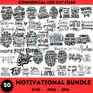 Paquete de 50 Svg inspiradores, paquete de Svg motivacionales, camiseta con estampado de cita inspiradora, taza, bolso, Svg de amor propio, PNG, JPG, SVG, descarga instantánea
