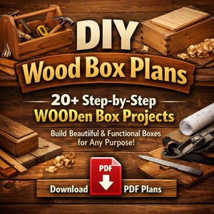 Può includere: Immagine che promuove i piani per scatole di legno fai-da-te. L'immagine presenta una cassetta degli attrezzi in legno, una scatola di legno finita e strumenti per la lavorazione del legno. Il testo include "DIY Wood Box Plans" e "20+ Step-by-Step WOODen Box Projects". È visibile anche un pulsante di download PDF.