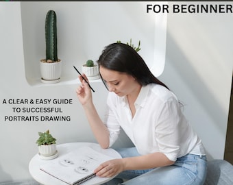 May include: A woman sits at a table drawing a portrait in a sketchbook. She is using colored pencils and a pencil. The table is white and has a cup of coffee on it. The text "DRAWING PORTRAITS FOR BEGINNER" is at the top of the image.