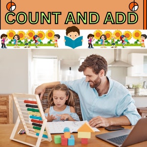 Pode incluir: Um pai e sua filha estão sentados à mesa, trabalhando em problemas de matemática. A menina está apontando para um livro com números, enquanto o pai observa. Há um ábaco de madeira e blocos coloridos na mesa.