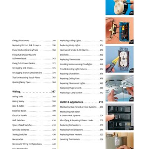 K&ouml;nnte beinhalten: Ein Buch mit einem wei&szlig;en Einband und schwarzem Text. Der Titel des Buches lautet "The Complete Illustrated Guide to Home Repair". Das Buch enth&auml;lt ein Inhaltsverzeichnis mit Seitenzahlen f&uuml;r verschiedene Themen der Hausreparatur, darunter Sanit&auml;r, Elektrik, HLK und Ger&auml;te.