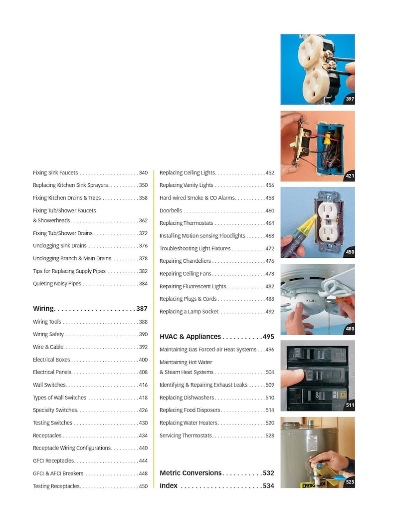 K&ouml;nnte beinhalten: Ein Buch mit einem wei&szlig;en Einband und schwarzem Text. Der Titel des Buches lautet "The Complete Illustrated Guide to Home Repair". Das Buch enth&auml;lt ein Inhaltsverzeichnis mit Seitenzahlen f&uuml;r verschiedene Themen der Hausreparatur, darunter Sanit&auml;r, Elektrik, HLK und Ger&auml;te.