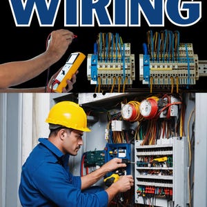 Op de afbeelding: Een elektricien werkt aan een complex elektrisch paneel met een verscheidenheid aan draden en connectoren. Het paneel is gemonteerd op een muur en heeft een verscheidenheid aan schakelaars en zekeringen. De elektricien draagt een blauwe overall en een gele helm.