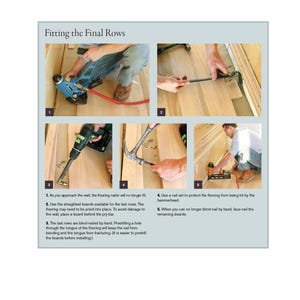 May include: A step-by-step guide to installing strip and plank flooring. The image shows a series of photos demonstrating the process, including using a nailer, pry bar, drill, and hammer. Text explains each step, from fitting the final rows to face-nailing.