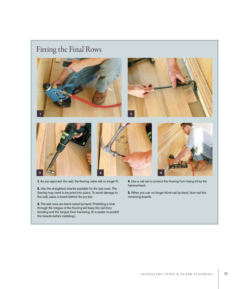May include: A step-by-step guide to installing strip and plank flooring. The image shows a series of photos demonstrating the process, including using a nailer, pry bar, drill, and hammer. Text explains each step, from fitting the final rows to face-nailing.