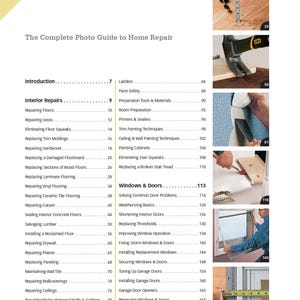 K&ouml;nnte beinhalten: Ein Buchcover mit dem Titel "Contents" und dem Untertitel "The Complete Photo Guide to Home Repair". Das Buchcover zeigt ein Inhaltsverzeichnis mit verschiedenen Themen zur Hausreparatur, darunter Innenreparaturen, Fenster und T&uuml;ren sowie Au&szlig;enreparaturen. Das Buchcover zeigt auch mehrere Bilder von Hausreparaturprojekten.