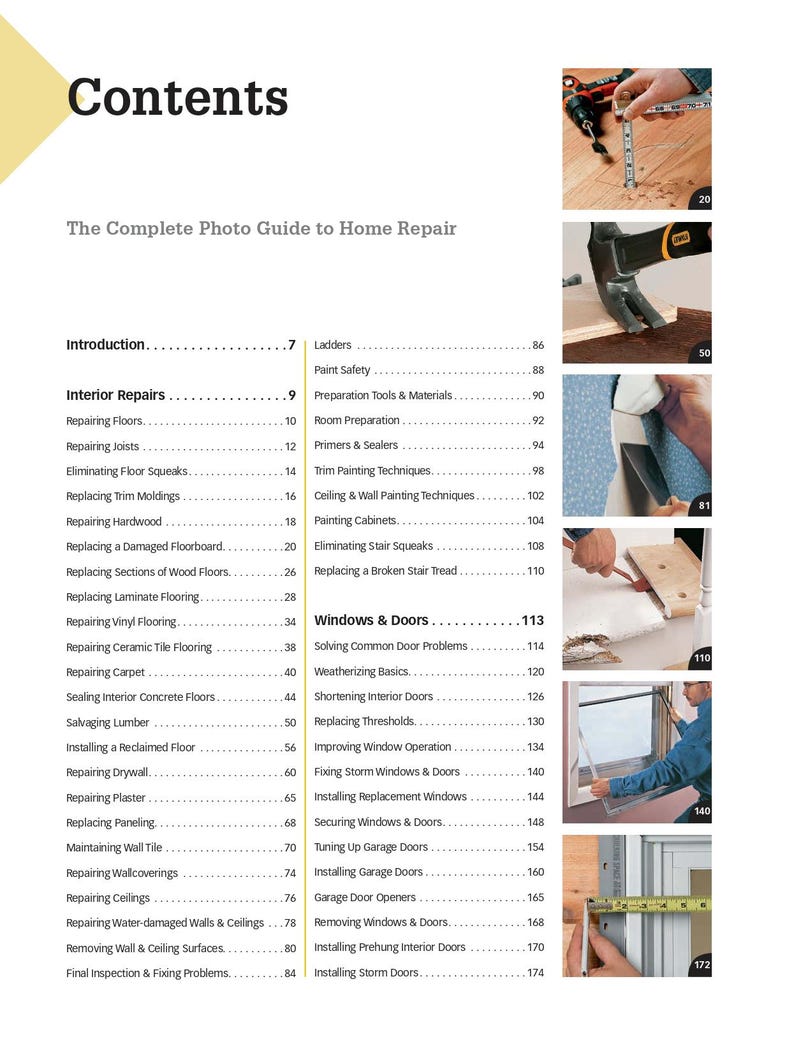 K&ouml;nnte beinhalten: Ein Buchcover mit dem Titel "Contents" und dem Untertitel "The Complete Photo Guide to Home Repair". Das Buchcover zeigt ein Inhaltsverzeichnis mit verschiedenen Themen zur Hausreparatur, darunter Innenreparaturen, Fenster und T&uuml;ren sowie Au&szlig;enreparaturen. Das Buchcover zeigt auch mehrere Bilder von Hausreparaturprojekten.