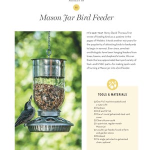 May include: A clear glass Mason jar bird feeder filled with birdseed, suspended by a chain. A small bird perches on the feeder's metal base. The text "Mason Jar Bird Feeder" is at the top of the page.