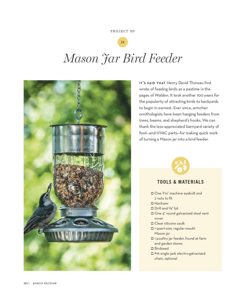 May include: A clear glass Mason jar bird feeder filled with birdseed, suspended by a chain. A small bird perches on the feeder's metal base. The text "Mason Jar Bird Feeder" is at the top of the page.