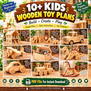 May include: A digital guide titled 10+ Kids Wooden Toy Plans featuring images of various handcrafted wooden toys including a dollhouse, animal figures, a truck, an airplane, a toy chest, a dinosaur, a car, a train, and a rocking horse.