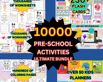May include: A colorful image advertising a bundle of 1000+ preschool activities, including thousands of worksheets, hundreds of coloring pages, and over 50 kids planners. The image features illustrations of children, animals, and educational materials.