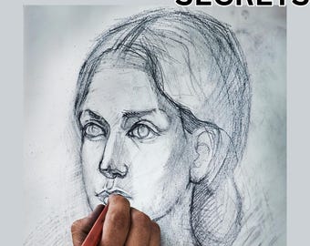 May include: A hand holding a red pencil draws a detailed pencil sketch of a person's face on white paper. The drawing is realistic and shows the person's features in detail.