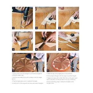 May include: A step-by-step guide to wood flooring installation. The image shows a series of photos demonstrating the process of cutting and assembling maple pieces for a medallion design. Tools include a drill, clamps, and a roller for applying glue.