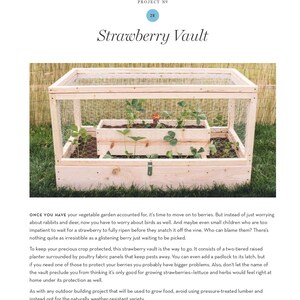 May include: A wooden strawberry vault with a wire mesh enclosure. The two-tiered planter box holds young strawberry plants. The text "Strawberry Vault" is at the top of the image. The structure is designed to protect berries from pests.