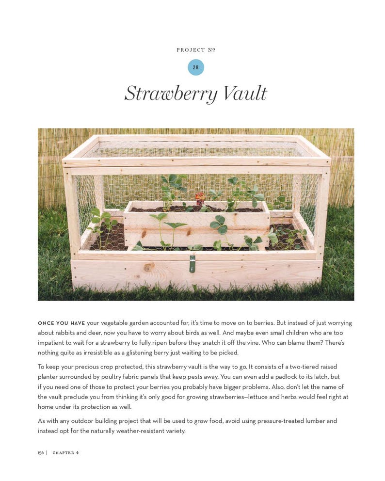May include: A wooden strawberry vault with a wire mesh enclosure. The two-tiered planter box holds young strawberry plants. The text "Strawberry Vault" is at the top of the image. The structure is designed to protect berries from pests.