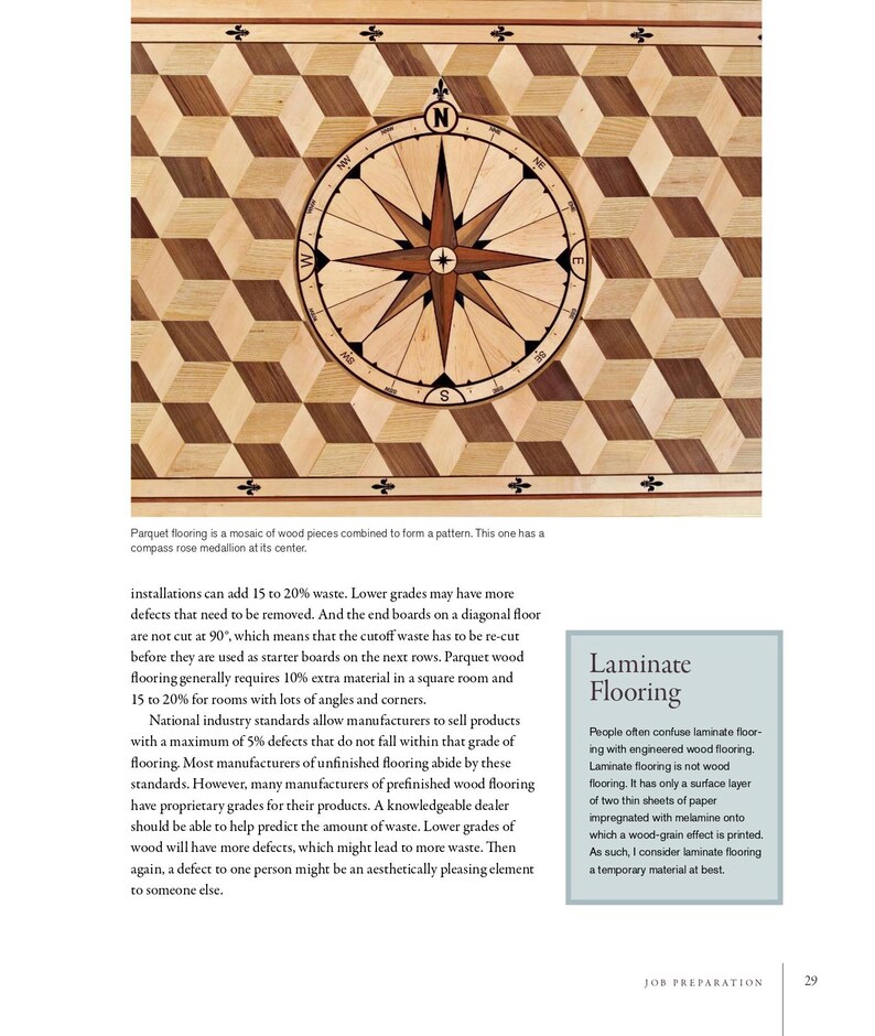 May include: A detailed image of parquet flooring with a compass rose medallion at its center. The flooring features a geometric pattern of alternating light and dark wood blocks, creating a three-dimensional effect. The compass rose is intricately designed.