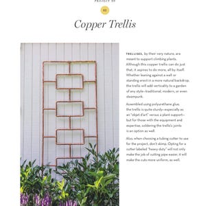 May include: A copper trellis with a rectangular design, suitable for climbing plants. The trellis is made of copper tubing and is mounted against a white wall. The text "Copper Trellis" is at the top of the image.