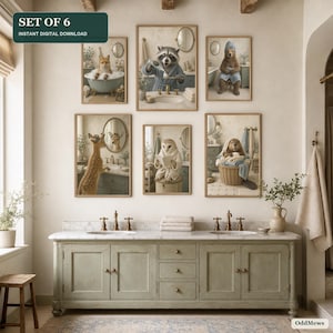 Puede incluir: Un conjunto de seis impresiones digitales de pared con animales antropomórficos en un baño, incluyendo un zorro en una bañera, un mapache cepillándose los dientes, un oso con una toalla, un ciervo en un tocador, un búho leyendo y un castor.