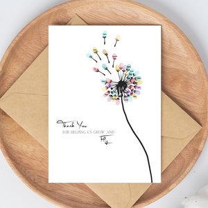 Biglietto personalizzato con impronta digitale a forma di fiore di tarassaco, biglietto di ringraziamento per insegnanti, impronta digitale fai da te per bambini, biglietto ricordo per studenti, regalo di apprezzamento per insegnanti