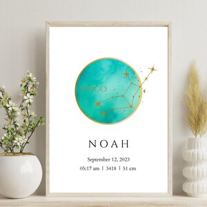 Arte personalizado del signo del zodíaco para bebés, arte mural del horóscopo del bebé en acuarela, impresión del nacimiento del bebé, póster de la constelación del recién nacido, decoración de la guardería, regalo para recién nacidos