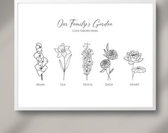 Anpassat tryck med födelseblomma och familj, personlig blomsterkonst (digital nedladdning)