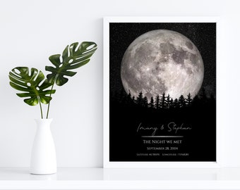 May include: A black and white print of a full moon with stars in the background. The moon is over a silhouette of a forest. The text "Jonany & Stephan" is below the moon, followed by "The Night We Met", "September 28, 2004", "Latitude: 40.785098", and "Longitude: -73.968285".